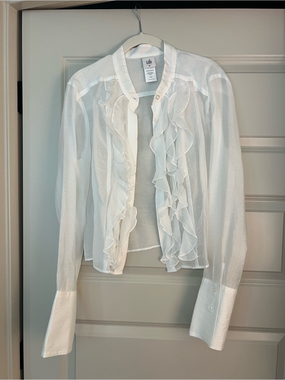 CAbi White Sheer Ruffle-Front Blouse